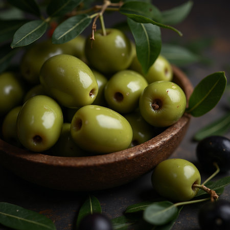 Green olives with leaves in a wooden bowl. Dark background.の素材
