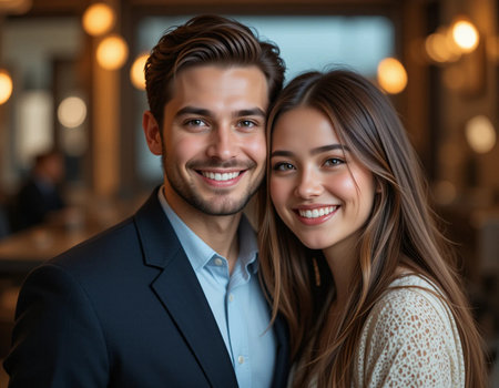 Portrait of a young couple in a restaurant, looking at cameraの素材