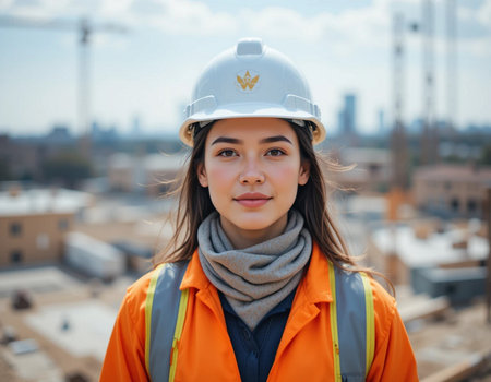 Portrait of a young woman in a construction helmet and jacket.の素材