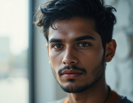 Portrait of young handsome Indian man in casual clothes looking at camera.の素材