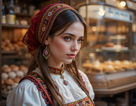 Portrait of a beautiful girl in a Russian national costume posing in a bakery.の素材