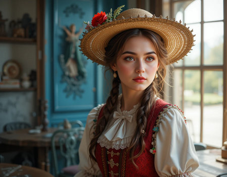 Portrait of a beautiful young woman in a vintage dress and hat.の素材