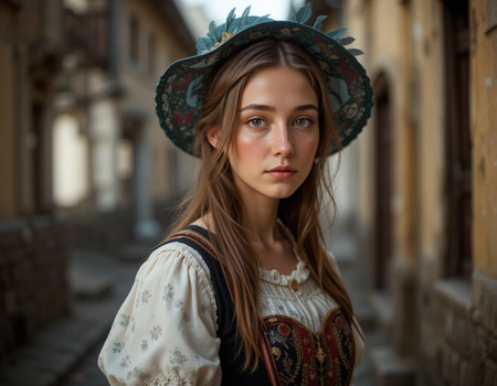 Portrait of a beautiful girl in a medieval dress and a hatの素材
