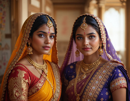 Portrait of two beautiful Indian girls in saree looking at cameraの素材
