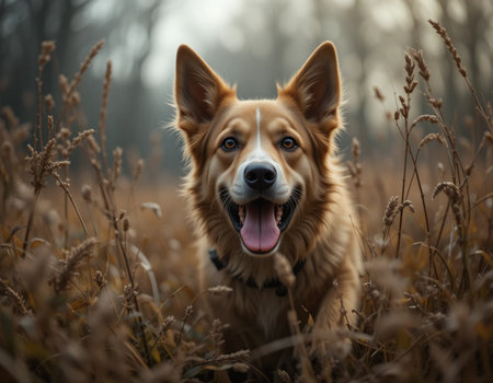 Portrait of a red border collie dog in the autumn fieldの素材