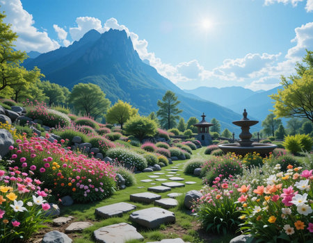Beautiful flower garden with mountain background, nature and environment concept.の素材