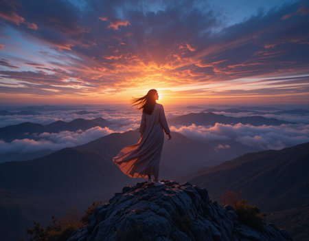 Silhouette of a woman in a long dress standing on the edge of a mountain and looking at the sunsetの素材