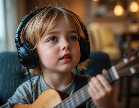 Cute little boy with headphones playing ukulele at homeの素材
