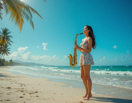 Young woman playing the saxophone on the tropical beach with palm treesの素材