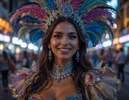 Portrait of a beautiful young woman in a colorful carnival costume.の素材