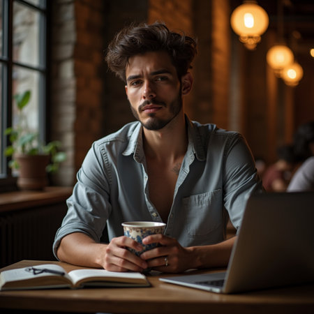Handsome young man using laptop and drinking coffee in cafe.の素材