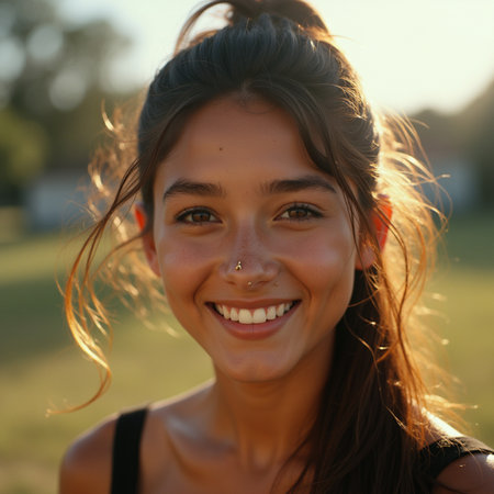 Portrait of a beautiful young woman smiling and looking at the cameraの素材