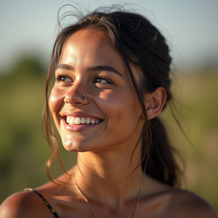 Close up portrait of a beautiful young woman smiling and looking at cameraの素材