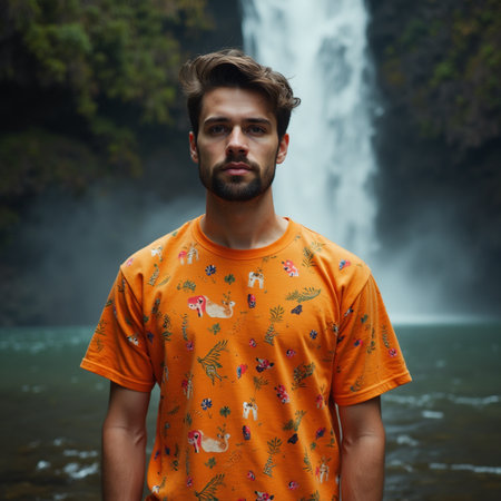 Portrait of a handsome young man in a T-shirt at a waterfallの素材