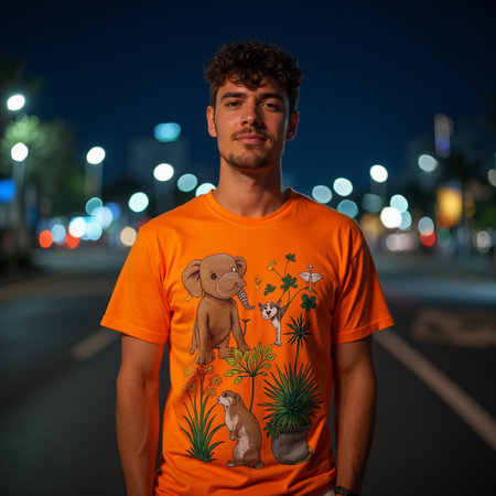 Portrait of a handsome young man in an orange t-shirt at nightの素材