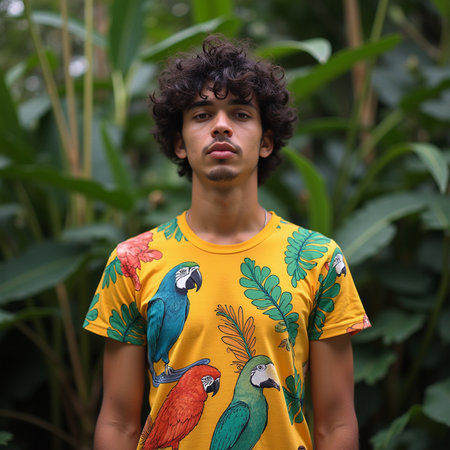 Portrait of a young handsome man with curly hair wearing colorful shirt in the jungleの素材