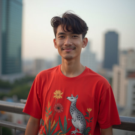 Portrait of young handsome Asian tourist man looking at camera in Bangkokの素材