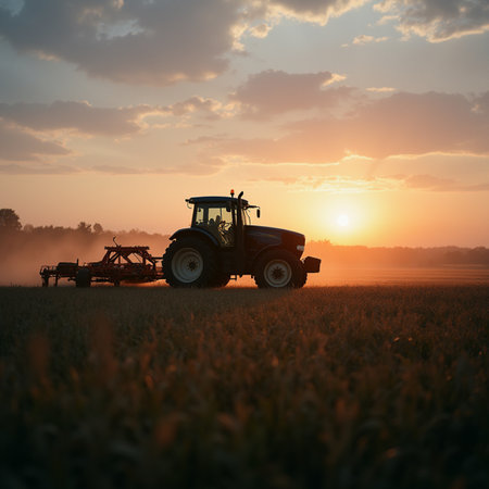 Tractor spraying pesticides on field at sunset. Tractor spraying pesticides on field at sunset.の素材