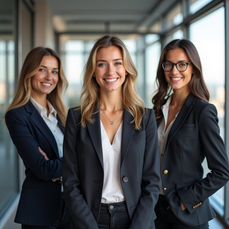 Portrait of three smiling business women standing with arms crossed in officeの素材