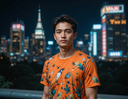 Portrait of young handsome Asian man in the city at nightの素材