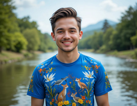 Portrait of a handsome young man in a summer shirt standing by the riverの素材
