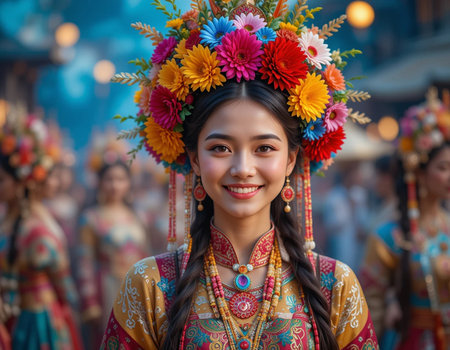 Unidentified Thai people in traditional costume at the annual festival.の素材