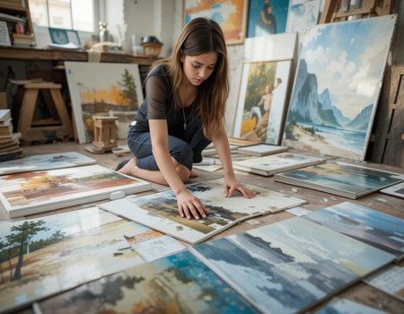 Young female artist sitting at her desk in her studio and working on a paintingの素材