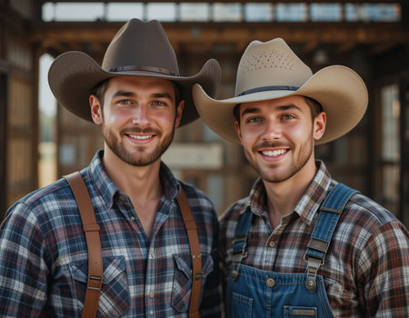 Portrait of two smiling cowboy friends standing together and looking at cameraの素材