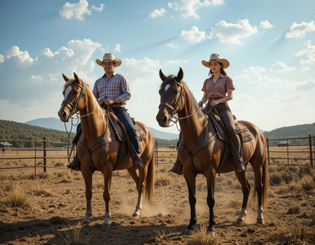 Cowboy and cowgirl riding on horseback in the desert.の素材
