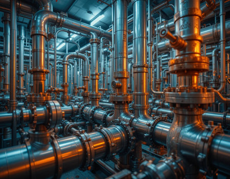 Industrial zone, Steel pipelines and cables in blue tones tonedの素材