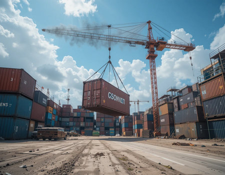 Industrial port with containers and cranes, Odessa, Ukraineの素材