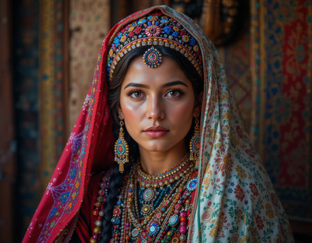 Portrait of a beautiful Indian woman in traditional clothes and jewelryの素材