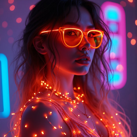 Fashion portrait of a beautiful girl in red glasses with glowing lights on her face.の素材
