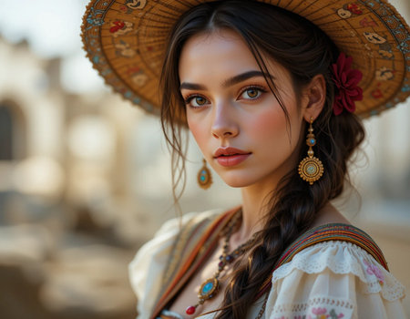 Close-up portrait of a beautiful girl in a straw hat.の素材