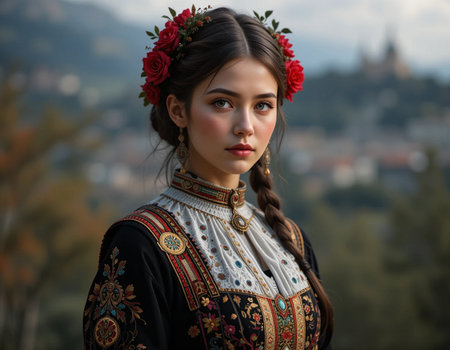 Portrait of a beautiful girl in a Russian folk costume on the background of the cityの素材