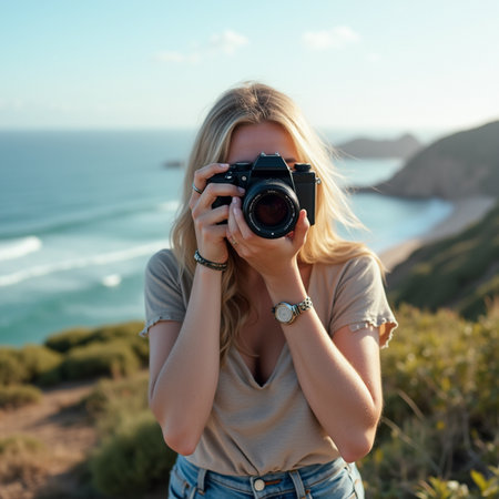 Young woman taking photo with camera on top of the mountain in summerの素材