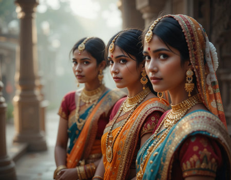 Beautiful Indian girls in traditional clothes posing at the temple.の素材