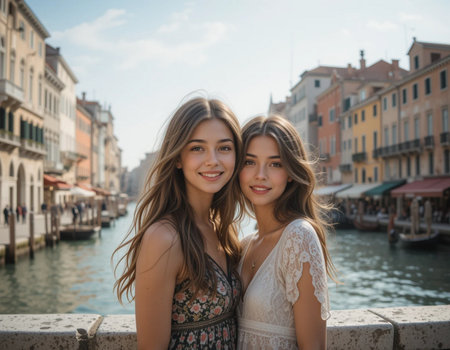 Two young women in Venice, Italy. Beautiful girls with long hair smiling and looking at camera.の素材