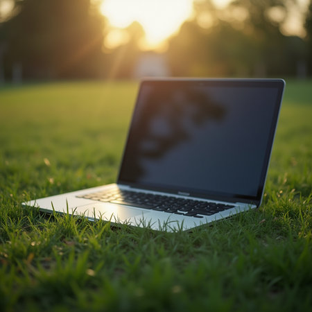 Laptop on the grass in the sunset light. Laptop on the grass.の素材