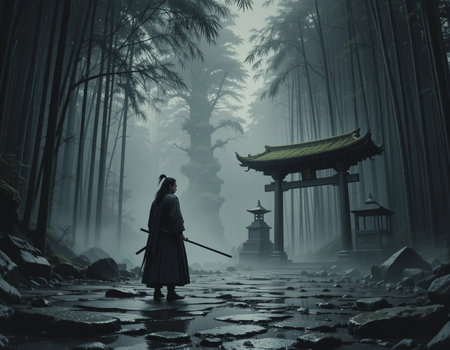 Asian woman in traditional Japanese costume with katana sword in the forestの素材