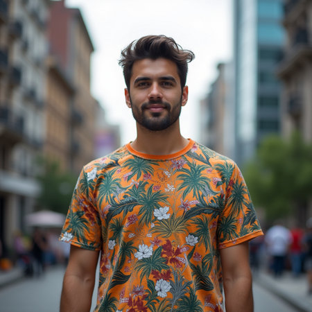 Young handsome bearded Persian tourist man in the streets of Barcelona (Spain)の素材