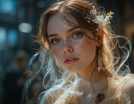 A model walks the runway at the Claire Pettibone Fall 2015 Bridal collection show in NYC.の素材