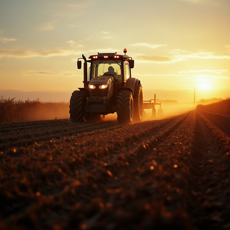 Tractor on the field at sunset. Tractor preparing land for sowingの素材