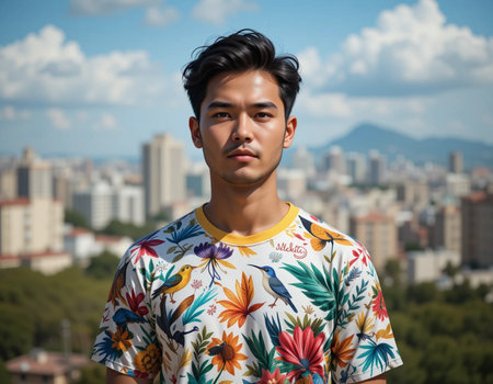 Portrait of young handsome Asian tourist man on the top of the mountainの素材
