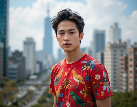 Portrait of young handsome Asian tourist man in Hong Kong, Chinaの素材