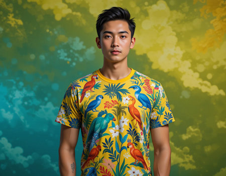 Portrait of a young handsome Asian man in a colorful shirtの素材