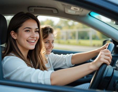 selective focus of happy young woman smiling while driving car with boyfriendの素材
