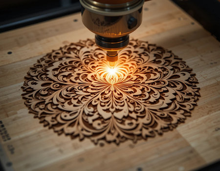 CNC milling machine cutting wood. Laser engraving work.の素材