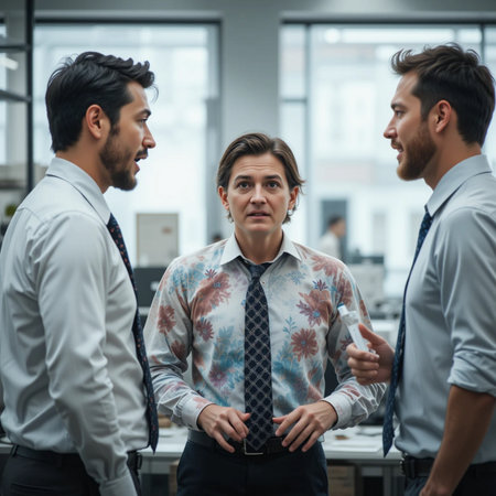 businessman and businesswoman talking while standing in modern office with colleaguesの素材