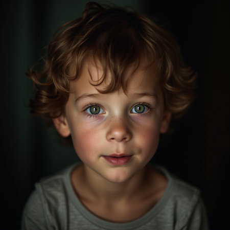 Portrait of a cute little boy with blue eyes looking at cameraの素材